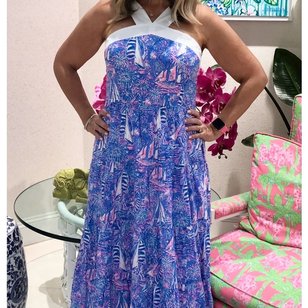 Lilly Pulitzer Jenette Maxi Dress, Shorely Blue Sailabration, Sz 4, EEUC